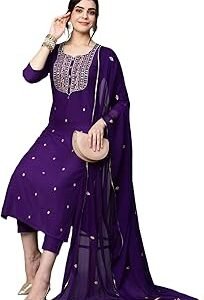 Womenâ€™s Cotton Blend Embroidered Kurta Set with Pant & Dupatta â€“ Straight Calfâ€‘Length, 3/4 Sleeve, Round Neck â€“ Elegant Ethnic Attire (5 Colors, Sâ€“5XL)