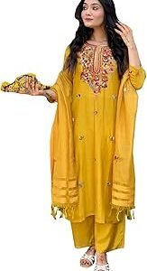 Women's Rayon Viscose Embroidered Straight Kurta with Pant & Dupatta