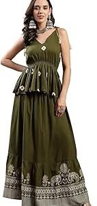 Women's Green Bandhej Printed Rayon Short Peplum Top With Skirt