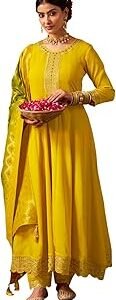 Kurta Set for Women Silk Blend Zari Sequence Embroidery with Mirror Work A Line Kurta with Pant and Dupatta Set