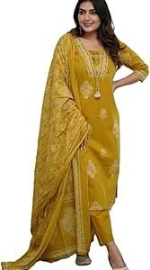 |Women's Pure Cotton Printed with Handwork Kurta with Pants and Dupatta Set | Ethnic Set | Suit Set | Kurta Set | Wedding Suit Set
