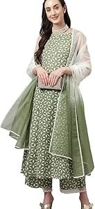 Women's Sleeveless Printed Cotton Kurta with Palazzo and Dupatta - (Green)