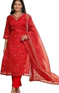 Women's Kota Doria Straight Bandhej Printed Kurta with Pant and Dupatta
