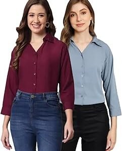 Women's Crepe Regular Fit Solid V Collered Casual Shirt (Pack of 2)