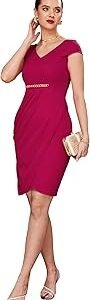 Women's Fit and Flare Knee Length Solid V-Neck Cap Sleeves Polyester Side Pocketed Dress