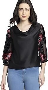 Black Party 3/4th Sleeves Cowl Neck Solid Satin Top for Women