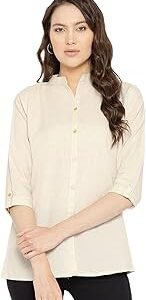 Women's Solid Mandarin Collar 3/4 Sleeve Casual Shirt Lightweight Cotton Top