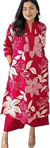 Women's Floral Printed Cotton Blend 3/4th Sleeve Knee Length V-Neck Kurta and Palazzo Set for Women