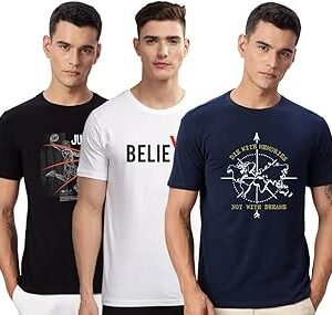 100% Cotton Lycra Tshirts for Men Combo Pack of 3 | Regular Fit | Printed T Shirt | Round Neck Half Sleeve| Mens Tshirts