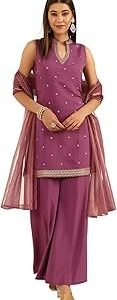 Women's Lavender Viscose Chanderi Straight Kurta with Palazzo and Dupatta