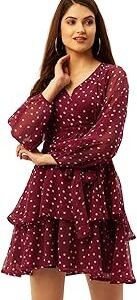 Women's Stylish Polka Dot Printed V Neck Mini Skater Dress || Women Full Sleeve Sleeve Georgette Casual Short Dress || Womens Long Puff Sleeve Fit and Flare Dresses