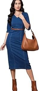 Women's Denim Below The Knee Bodycon Dress with Crop Blazer