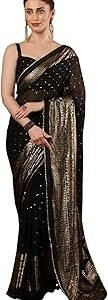 Women's Georgette Foil Printed Lace Work Saree with Unstitched Blouse Piece
