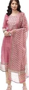 Women's Pink Chanderi Hand Embroidered Unstitched Suit Set