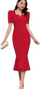 Women's Lycra Blend Sweet-Heart Neck Puff Sleeve Fit and Flared Calf Length Casual Bodycon Dress for Party, Office, Meetings Etc.