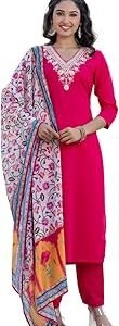 Women's Rayon Embroidered Straight Kurta with Pant and Dupatta Sets Ethnic Wear (NX-621-Rani)