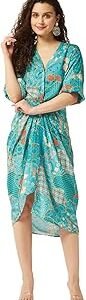 Womenâ€™s Green Polyester Midi Dress | Abstract Print Asymmetric Hem with V-Neck & Half Sleeves | Stylish Summer Beach Dress for Women | Perfect for Casual, Festive, Party & Holiday Outfits