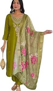 Women's Viscose Embroidered Straight Kurta with Pant and Dupatta Sets (Available in Plus Size) (NX-692)