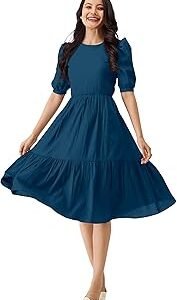 Dress for Women Cotton Blend Round Neck Half Puff Sleeve Flared Pleated Midi Western Dress