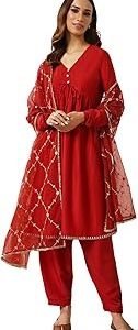 Women's Red Silk Blend Nayra Cut Kurta with Pant and Dupatta