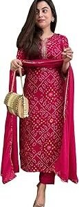Women's Rayon Viscose Straight Bandhej Printed Kurta with Pant & Dupatta