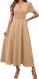 Girl's & Women's Solid Color V-Neck A-Line Maxi Dress for Women | New Year Party Outfit | Waist Cinched Puff Sleeve Western Dress | Elegant Casual Wear (Dress 246)