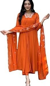 Women's Rayon Blend Anarkali Thread Work Kurta with Pant & Dupatta