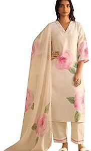 Women's Straight Linen Floral Print with Sequines Work Kurta Pant with Dupatta Set (IEOUT9825)