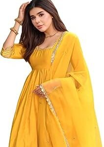 Women's Rayon Viscose Anarkali Solid Kurta with Pant & Dupatta