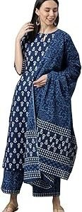 Women's Cotton Printed Straight Kurta with Palazzos and Dupatta Set