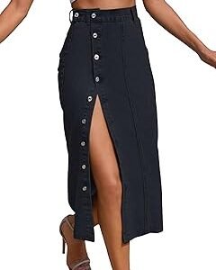 Girl's & Women's Front Button-Up Slit Longline Single Breasted Long Casual Denim Skirt Suitable for Daily WearSkirt 233