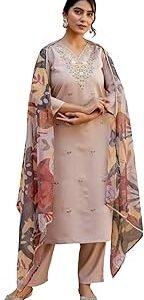 Women's Chanderi with Cotton Lining Embroidered Straight Kurta with Pant and Dupatta Sets (NX3-570)