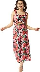 Women’s Multicolour Polyester Floral Co-ord Set | Sleeveless Ruffled Crop Top with Sweetheart Neck & Wide Leg Pants | Stylish Summer Outfit for Party, Anniversary & Casual Occasions