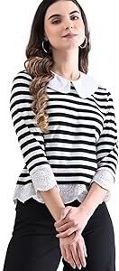 Women's Striped Top with Peter Pan Collar | Elegant 3/4 Sleeve Lace Trim Shirt | Stylish Casual & Office Wear | Black & White Striped Blouse for Women