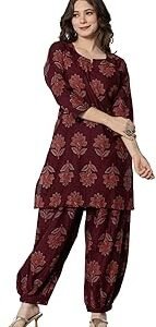 Women's Pure Cotton Printed Straight Kurta Set with Palazzo Pants - Ethnic Wear, Maroon