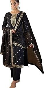 Women's Straight Silk Blend Ethnic Motifs Embroidered Kurta & Pant with Dupatta Set (IESTR10863)