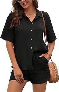 Women's Polyester Solid Button Front Vacation Texture Short Sleeve Loose Fit Drop Shoulder Pocket Shirt and Shorts Casual Two-Piece Set (Co Ods 143)
