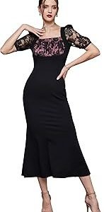 Women's Square Puff Sleeve Solid Lace Overlaid Ankle Length Dress (MCSS23D79-01-62-04, Black, M)