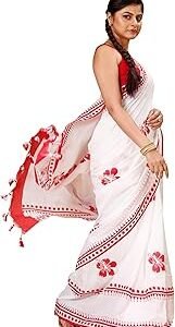 Elegant White and Red Cotton Handloom Saree with Traditional Bengali Design For Durgapuja With Blouse Piece (White)