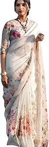 Women's Printed Linen Cotton Saree With Unstitched Blouse Piece (ST ChuiMui White_White_Free Size)