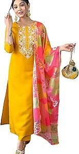 Women's Rayon Embroidered Straight Kurta with Pant and Dupatta (Available in Plus Size)
