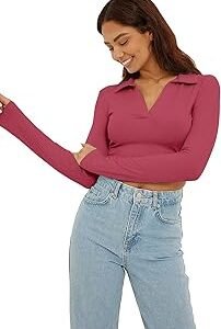 Women's Regular Fit Crop top Full Sleeves Polo Neck