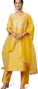 Women's Embroidered Kurta Pant Set with Mesh Dupatta | Viscose,Rayon