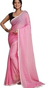 Women's Pure Mulmul Cotton Plain Saree With Tassels (Pink).