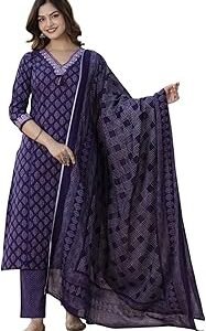 |Women's Pure Cotton Printed with Handwork Kurta with Pants and Dupatta Set | Ethnic Set | Suit Set | Kurta Set | Wedding Suit Set (P-1085-Wine-3XL)