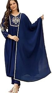 Women's Silk Chiffon Embroidered A-Line Kurta with Pant and Dupatta Sets (NX3-661)