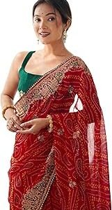 Women's Georgette Bandhani Printed and Embroidery Saree with Unstitched Blouse Piece