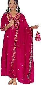 Women's Vichitra Silk Embroidered Straight Kurta with Pant and Dupatta Sets (Available in Plus Size) (NX-695)