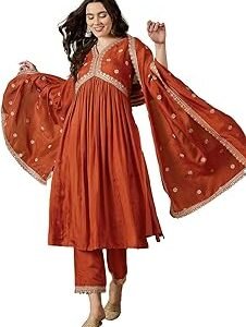 Women's Orange Vichitra Silk Alia Cut Kurta Set with Zari Sequence Chain Work, Pant & Dupatta | Kurta with Embroidery for Women