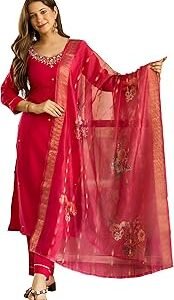 Women's Viscose Embroidered Straight Kurta with Pant and Dupatta Sets (NX4-672)